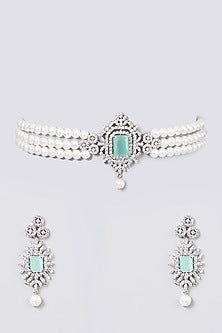 White Finish Crystal Choker Necklace Set