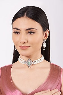 White Finish Crystal Choker Necklace Set