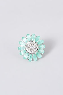 White Finish Floral Ring With Turquoise Stones