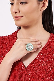 White Finish Floral Ring With Turquoise Stones
