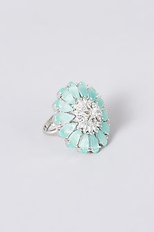 White Finish Floral Ring With Turquoise Stones