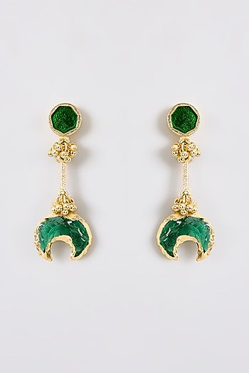 Gold Finish Green Water Pearl Dangler Earrings