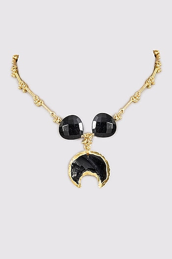 Gold Finish Water Pearl & Black Stone Necklace