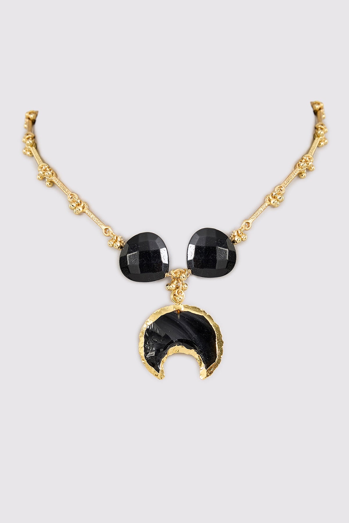 Gold Finish Water Pearl & Black Stone Necklace