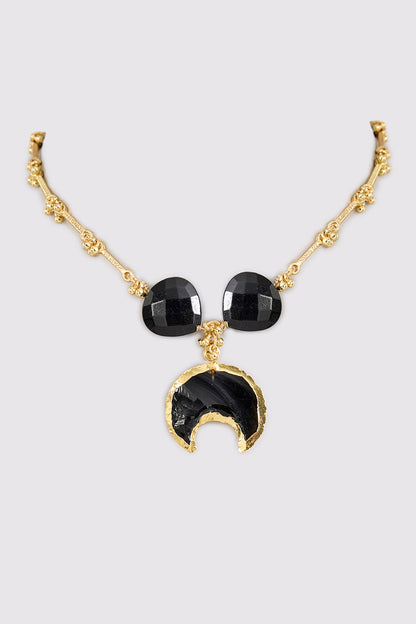 Gold Finish Water Pearl & Black Stone Necklace