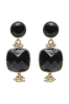 Gold Finish Square Shaped Stone Black Enameled Handcrafted Dangler Earrings