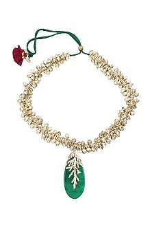 Gold Finish Leaf Stone Green Enameled Handcrafted Choker Necklace