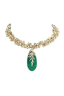 Gold Finish Leaf Stone Green Enameled Handcrafted Choker Necklace