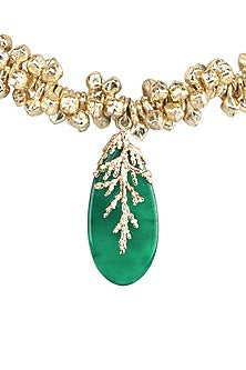 Gold Finish Leaf Stone Green Enameled Handcrafted Choker Necklace
