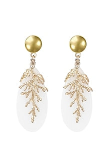 Gold Finish White Quartz Leaf Earrings
