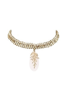 Gold Finish White Quartz Leaf Choker Necklace