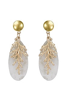 Gold Finish Grey Quartz Stone Enameled Handcrafted Dangler Earrings