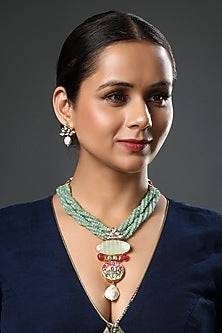 Gold Finish Kundan Polki & Green Agate Beaded Necklace Set