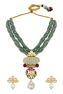 Gold Finish Kundan Polki & Green Agate Beaded Necklace Set