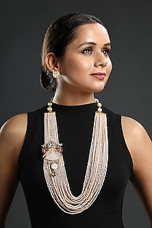 Gold Finish Kundan Polki & Agate Beaded Long Necklace Set