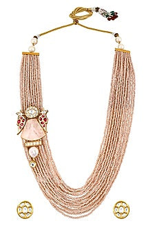Gold Finish Kundan Polki & Agate Beaded Long Necklace Set