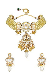 Gold Finish Kundan Polki & Yellow Agate Long Necklace Set