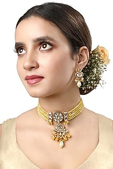 Gold Finish Kundan Polki & Yellow Agate Long Necklace Set