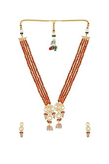 Gold Finish Kundan Polki & Orange Agate Long Necklace Set