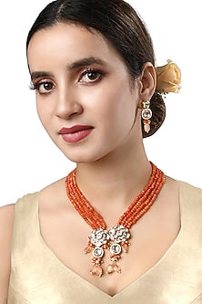 Gold Finish Kundan Polki & Orange Agate Long Necklace Set