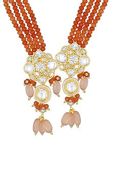 Gold Finish Kundan Polki & Orange Agate Long Necklace Set
