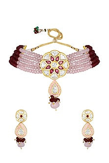 Gold Finish Kundan Polki & Pink Agate Choker Necklace Set