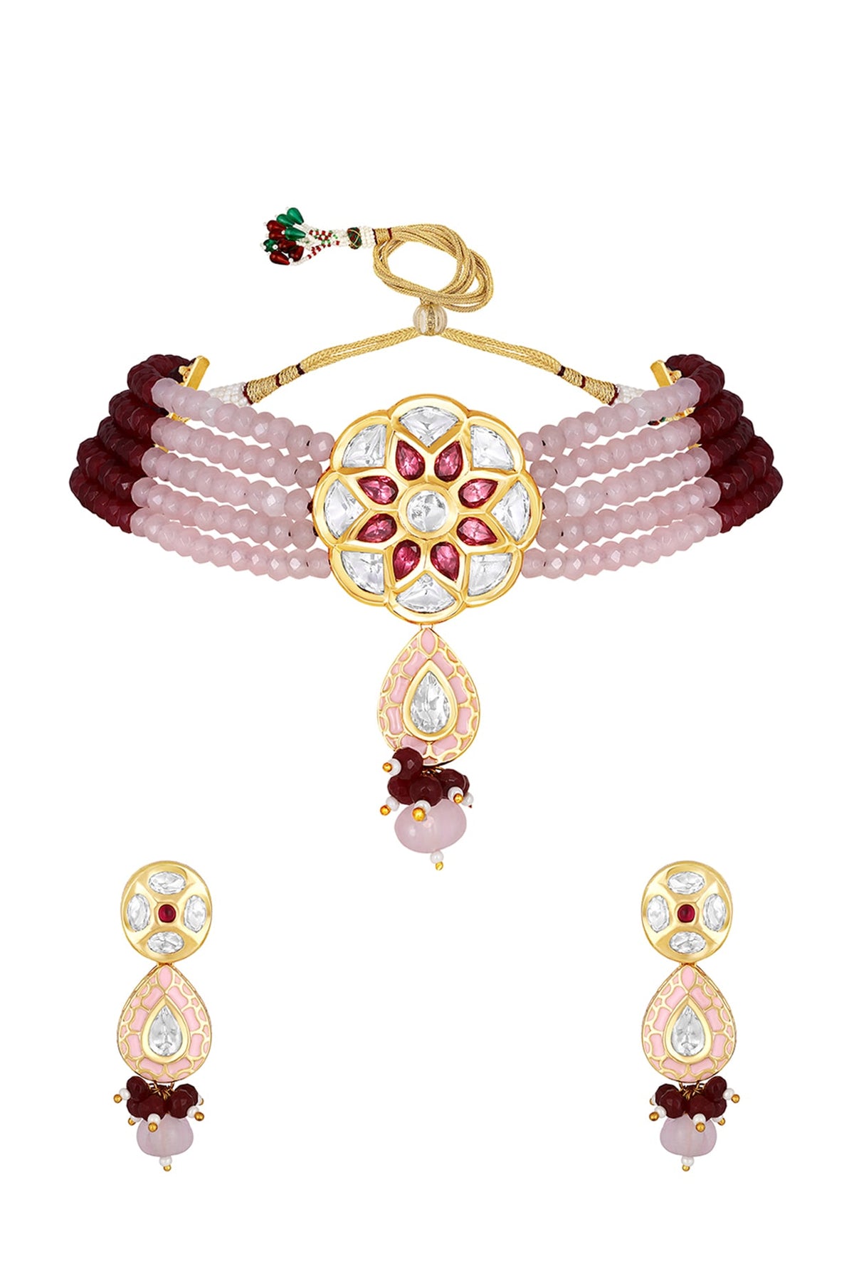 Gold Finish Kundan Polki & Pink Agate Choker Necklace Set