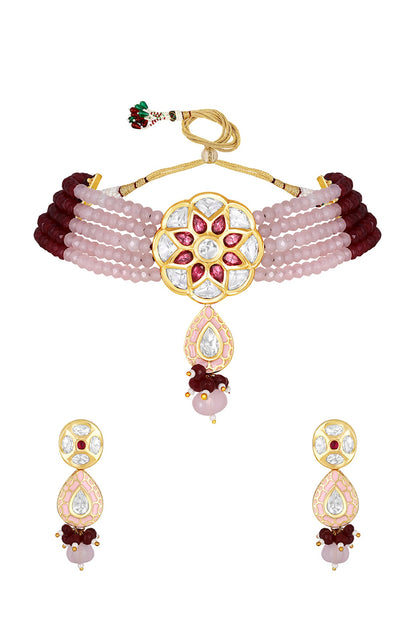 Gold Finish Kundan Polki & Pink Agate Choker Necklace Set