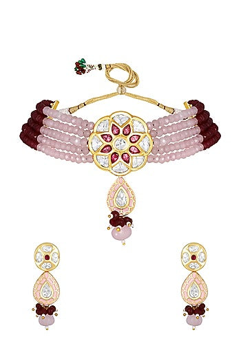 Gold Finish Kundan Polki & Pink Agate Choker Necklace Set