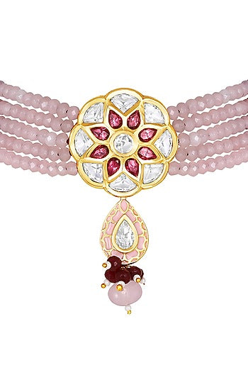 Gold Finish Kundan Polki & Pink Agate Choker Necklace Set