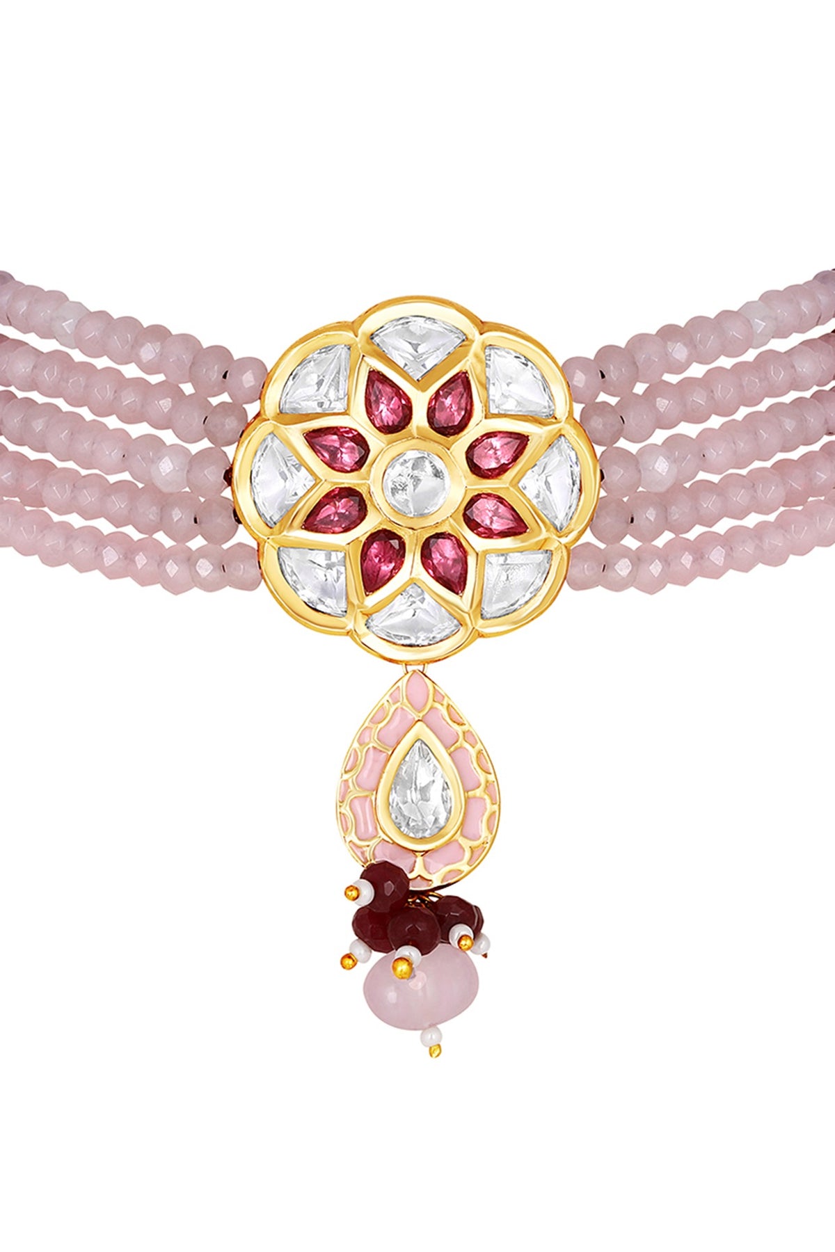 Gold Finish Kundan Polki & Pink Agate Choker Necklace Set