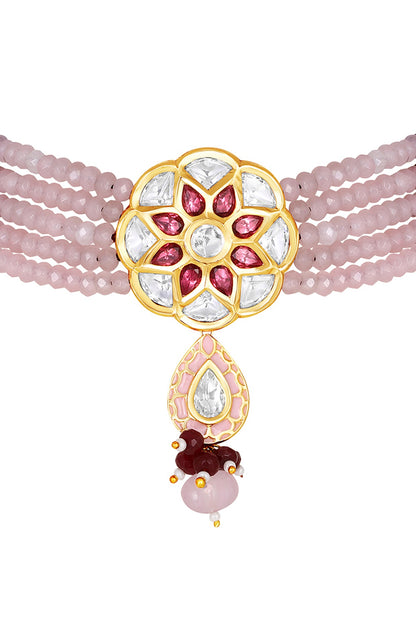 Gold Finish Kundan Polki & Pink Agate Choker Necklace Set