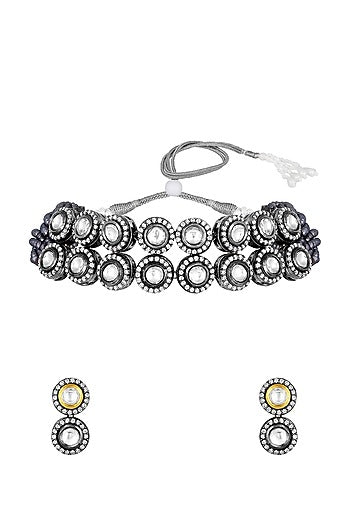 Black Rhodium Finish Kundan Polki & Zircon Choker Necklace Set