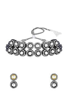 Black Rhodium Finish Kundan Polki & Zircon Choker Necklace Set