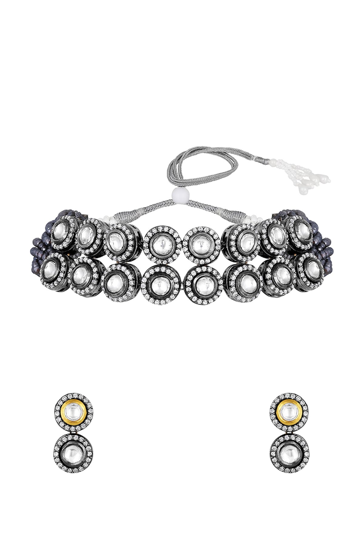 Black Rhodium Finish Kundan Polki & Zircon Choker Necklace Set