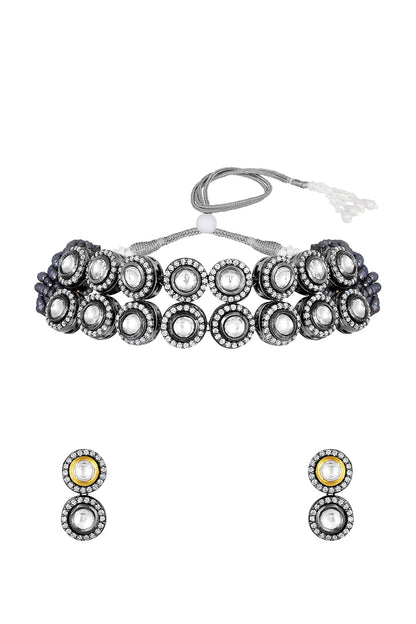 Black Rhodium Finish Kundan Polki & Zircon Choker Necklace Set