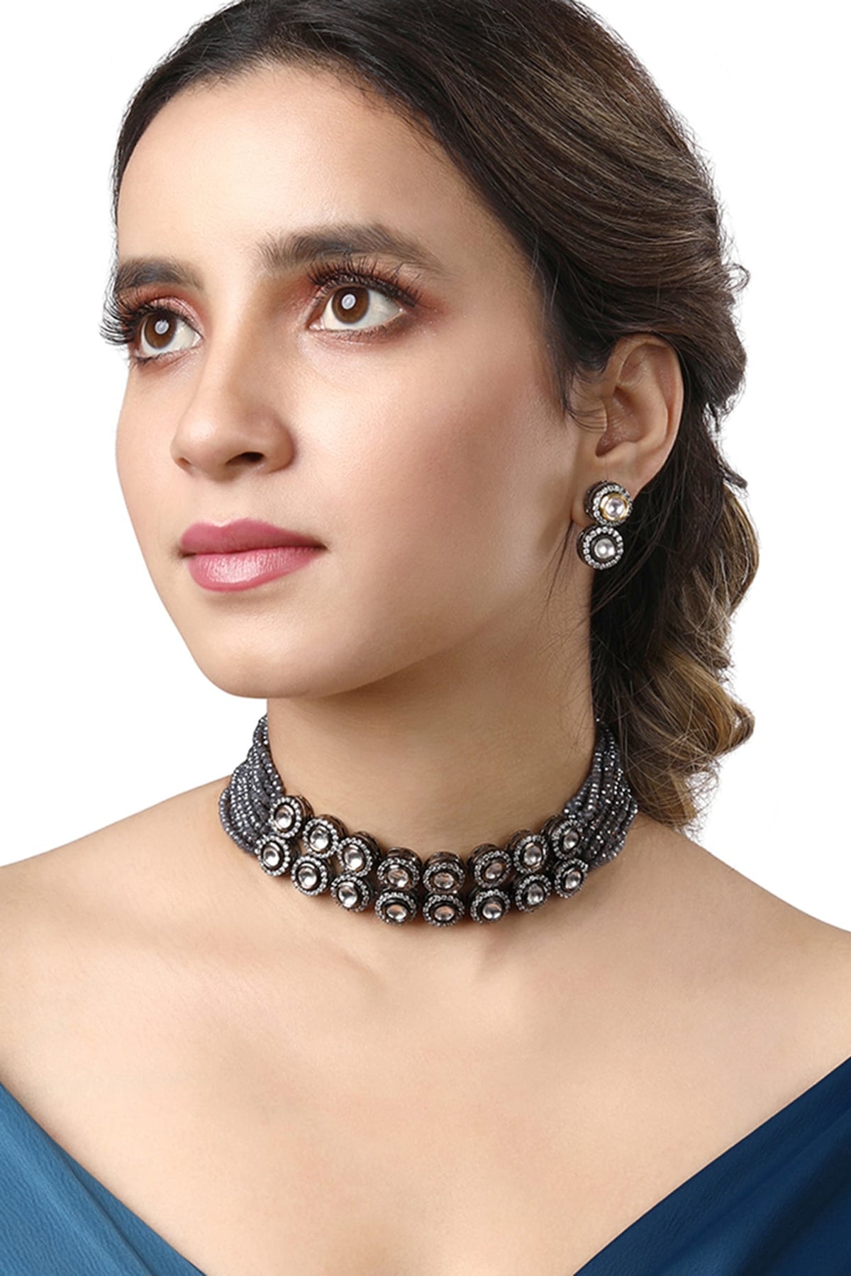 Black Rhodium Finish Kundan Polki & Zircon Choker Necklace Set