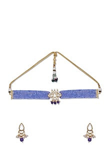Gold Finish Onyx Choker Necklace Set In Brass