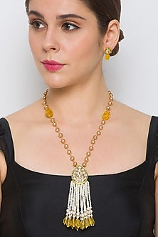 Gold Finish Agate Long Necklace Set In Brass
