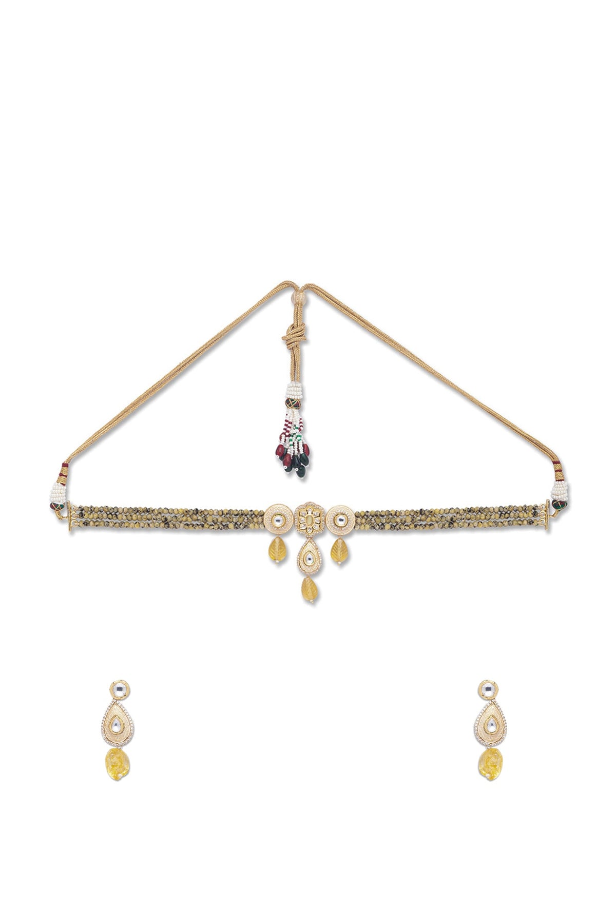 Gold Finish Agate Choker Necklace Set In Brass