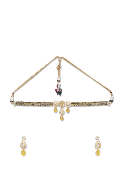 Gold Finish Agate Choker Necklace Set In Brass