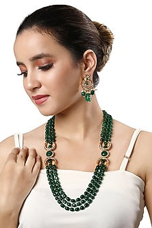 Micro Gold Finish Kundan Polki & Onyx Long Necklace Set