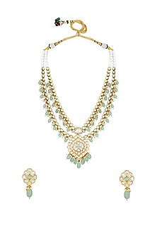 Micro Gold Finish Kundan Polki & Agate Long Necklace Set
