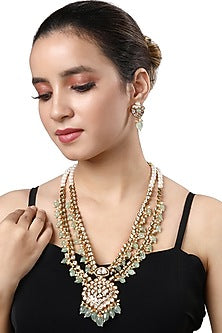 Micro Gold Finish Kundan Polki & Agate Long Necklace Set