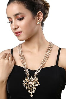 Micro Gold Finish Kundan Polki & Pearl Long Necklace Set