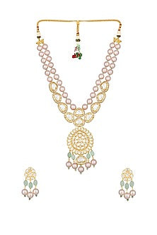 Micro Gold Finish Shell Pearl & Kundan Polki Long Necklace Set