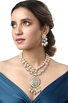 Micro Gold Finish Shell Pearl & Kundan Polki Long Necklace Set