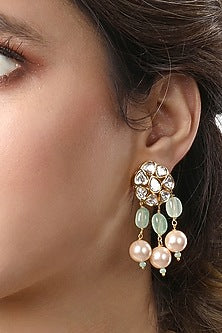 Micro Gold Finish Shell Pearl & Kundan Polki Long Necklace Set