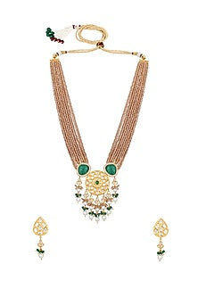 Micro Gold Finish Kundan Polki & Onyx Long Necklace Set