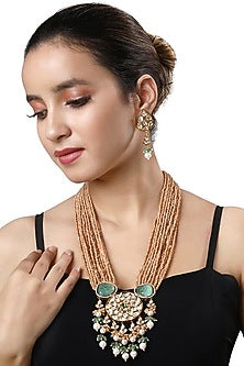 Micro Gold Finish Kundan Polki & Onyx Long Necklace Set